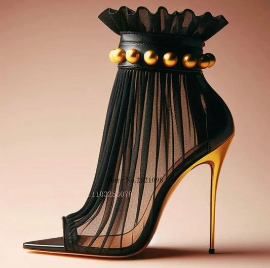 Black Mesh with Gold Stud Thin Heeled High Stiletto Heel Ankle Boots Open Pointed Toe Stilettos Heels Sexy Short Boots Women heels_stiletto