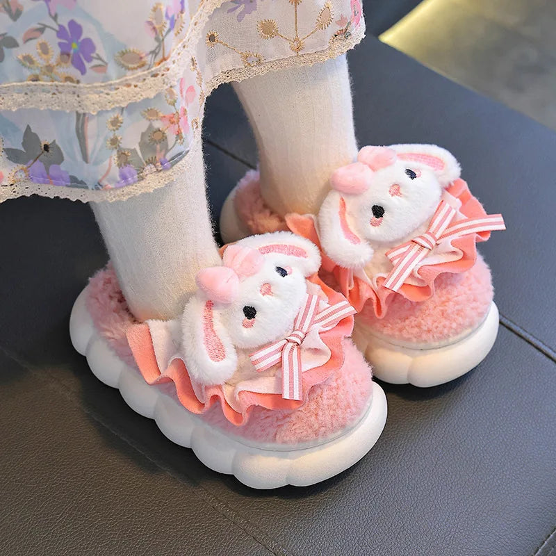 2024 New Winter Children's Cotton Slippers - Cute and Warm Fleece Rabbit Fur Baby's Home Cotton Slippers for Girls kids_shoes