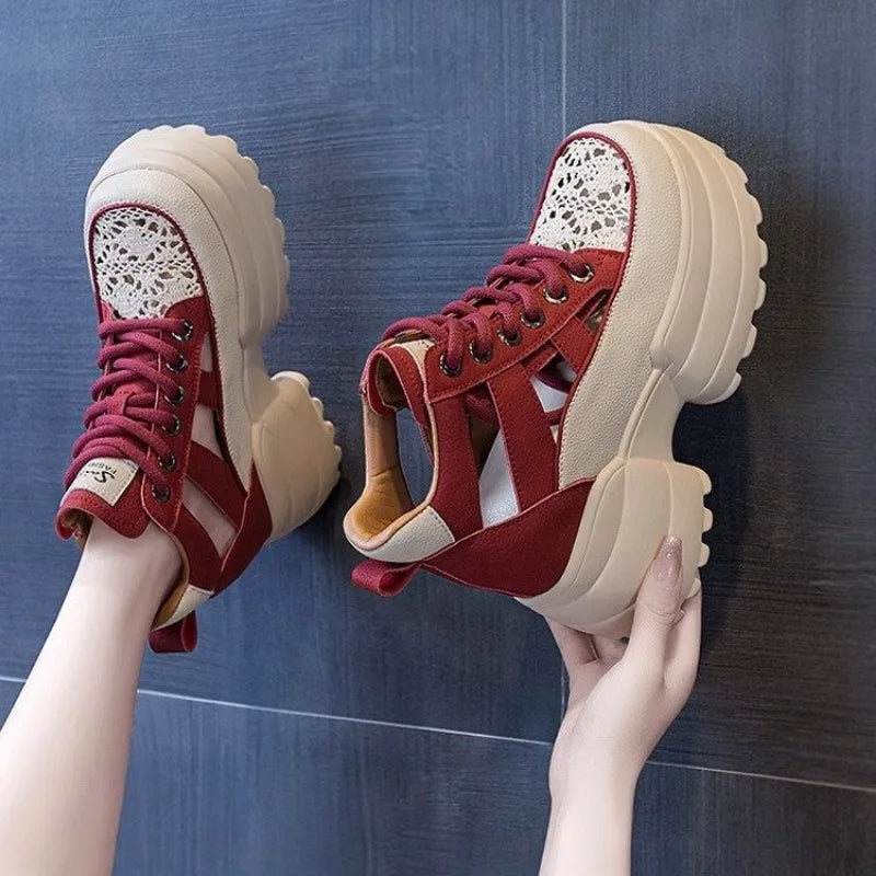 Trendy Thick Sole Women's Shoes 2024 Summer New Thick Mesh Hollow Inner Elevated Vulcanized Women's Sandals Platform Sneakers sneakers_platform