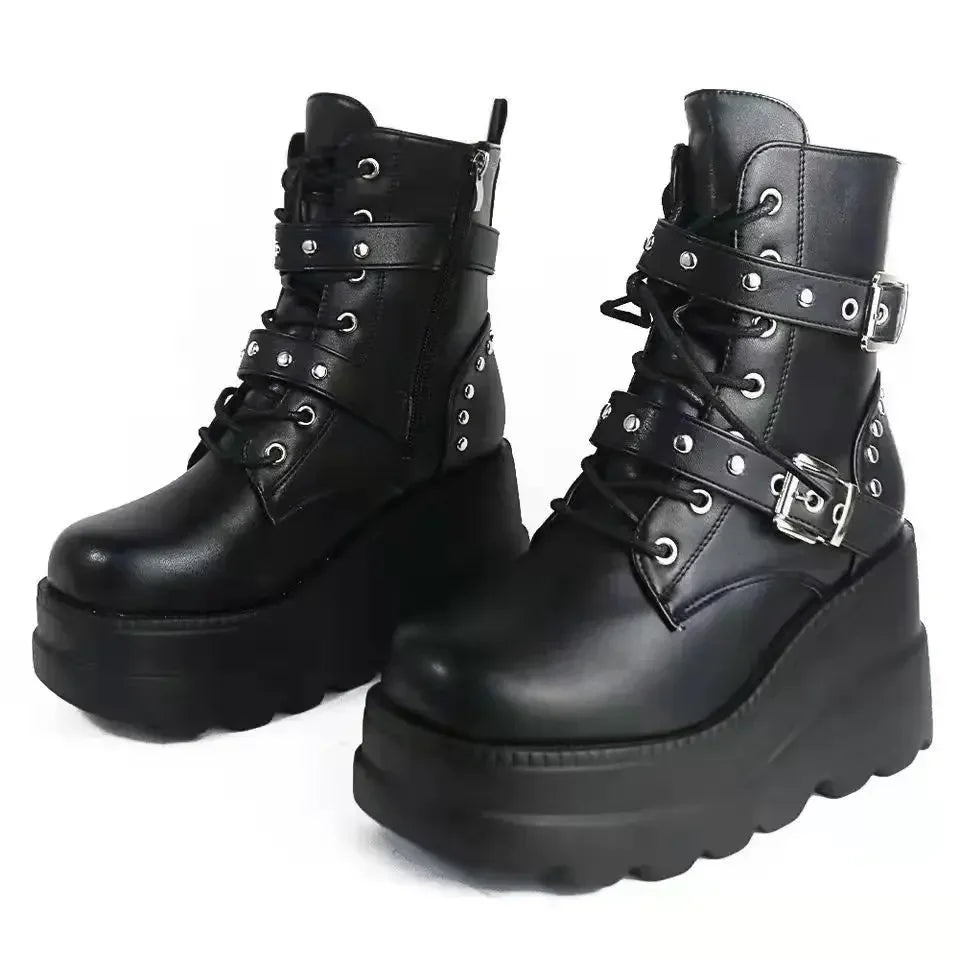 New Women's Pu Leather Ankle Boots Women Autumn Winter Round Toe Lace Up Shoes Woman Motorcycle Platform Botas Gothic Shoes boots_platform