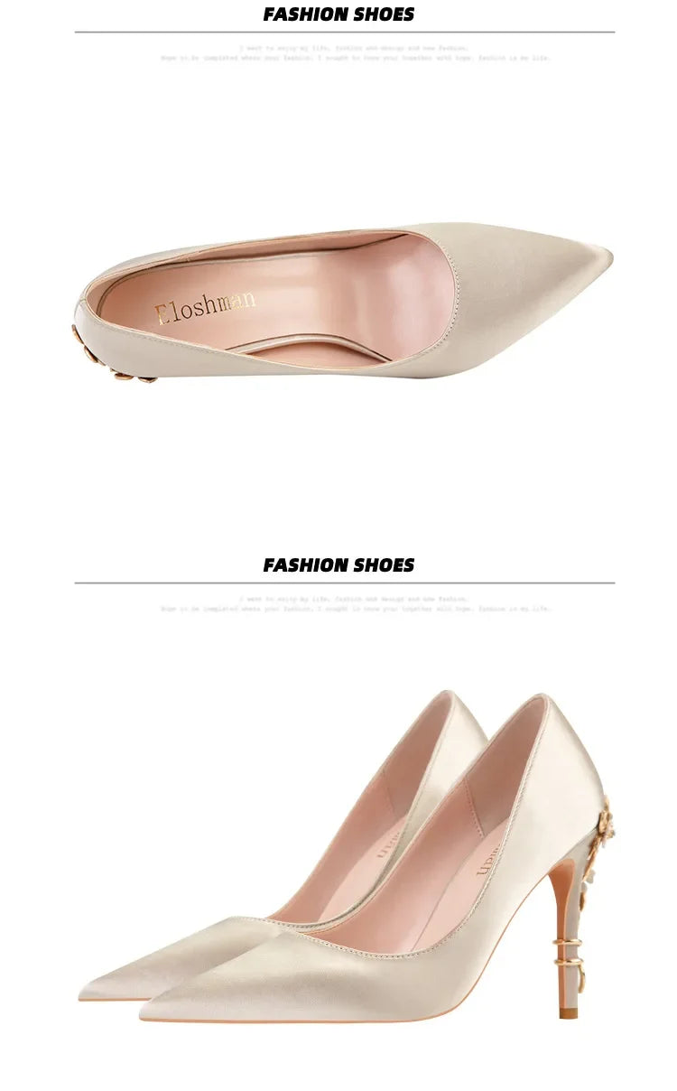 Women's Metal Flowers Stiletto High-heel Shoes Female  Light Luxury Sexy Fashion Wedding Shoes Pointed Toe Satin Single Shoes heels_stiletto