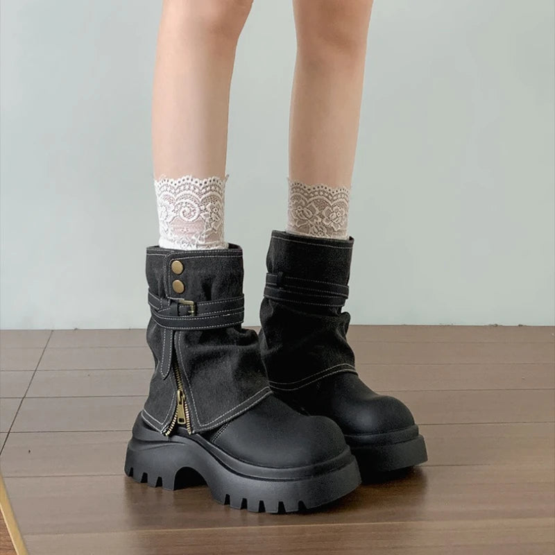 Winter Punk Style Women Pipe Ankle Boots Fashion Belt Buckle Shoes Ladies Concise Platform Heel Short Booties Zapatos De Mujer boots_platform