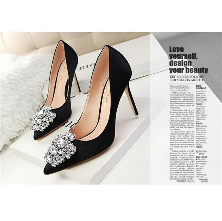 CINESSD Silver Gray Black Women Bridal Wedding Shoes Faux Silk Satin Rhinestone Crystal Shallow Woman Pumps Stiletto High Heel heels_stiletto