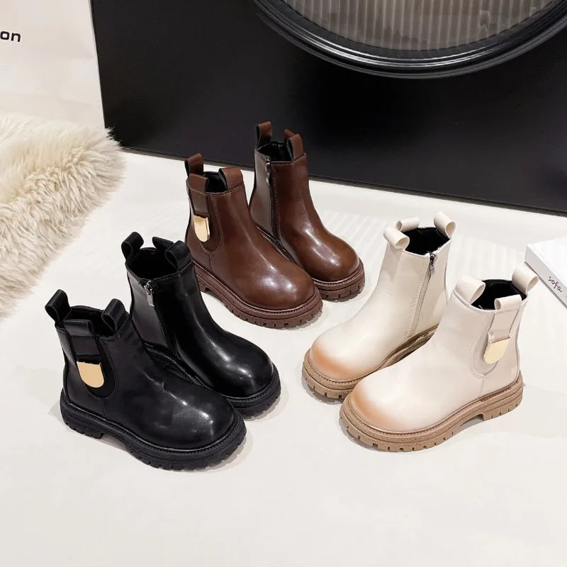 Children Leather Boots Round Toes Versatile Kids Short Boots Korean Style 2025 Autumn New Girls Ankle Boots Soft Bottom Non-slip