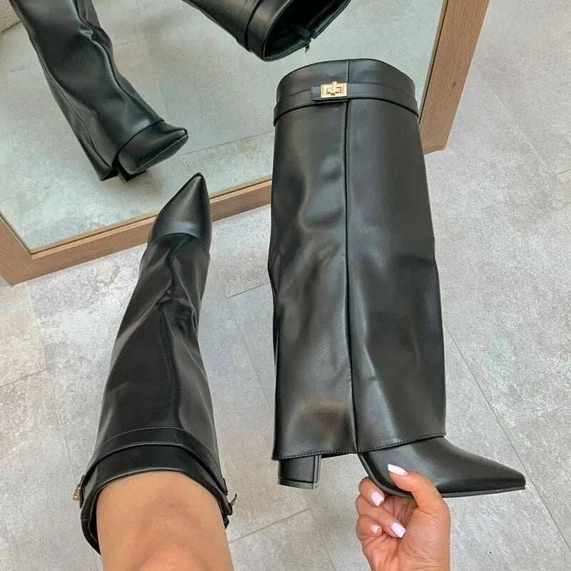 Autumn And Winter New Pointed Metal Buckle Knee High Women's Boots Thick High-heeled Pants Boots Ladies Fashion Mid Leg Boots boots_highheel