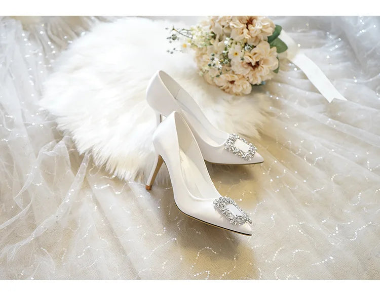Women Rhinestone Square Buckle Dress Wedding Brides Shoes Pointed Toe Stiletto Pumps Suede High Heels Botines Mujer Con Tacon heels_stiletto