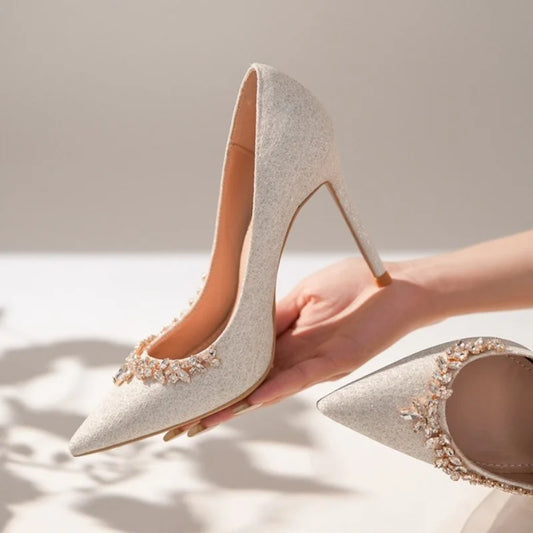 2025 New French Stiletto Heels Pointy Head Shallow Mouth Shoes Rhinodiamond-Edged Korean Version White Crystal Wedding Pumps heels_stiletto