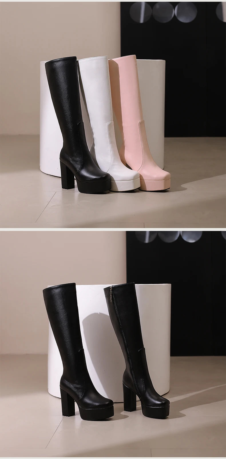 High Waterproof Platform Square Toe Solid Color Side Zipper Women's Knee High Boots Super High Thick Heel Office Boots boots_platform