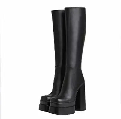 Size 35-46 Women Square Toe Knee-high Boots 15CM Back Zipper Black Chunky Platform Boots Europe and America New Goth Woman Shoes boots_platform