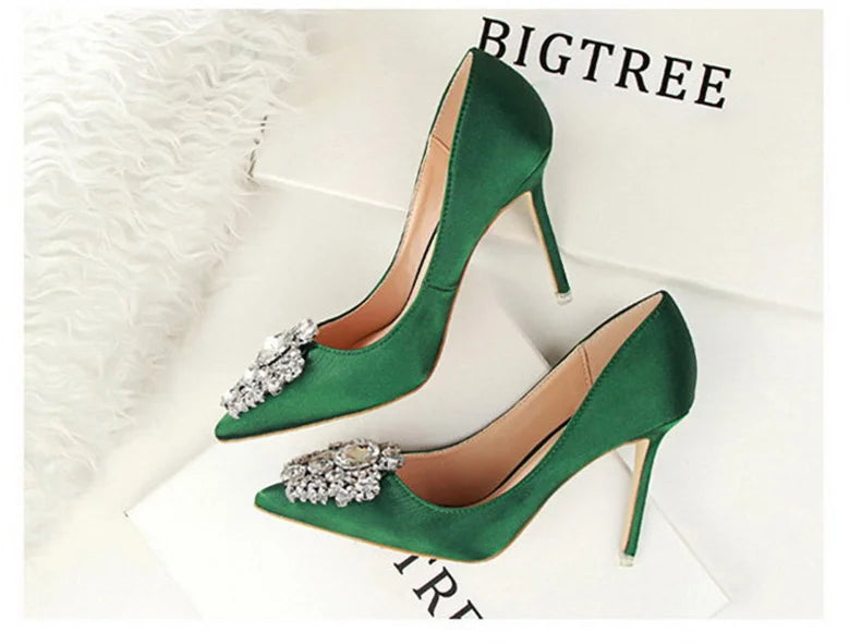 CINESSD Silver Gray Black Women Bridal Wedding Shoes Faux Silk Satin Rhinestone Crystal Shallow Woman Pumps Stiletto High Heel heels_stiletto