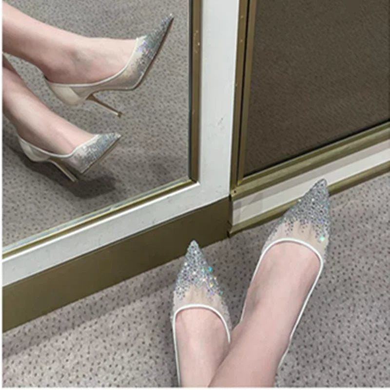 Spring and Autumn 2025 New   Mesh Pointed Shallow Mouth Sexy Stiletto Shoes heels_stiletto
