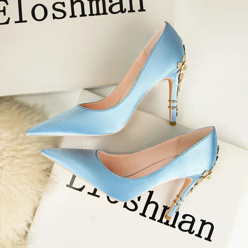 Women's Metal Flowers Stiletto High-heel Shoes Female  Light Luxury Sexy Fashion Wedding Shoes Pointed Toe Satin Single Shoes heels_stiletto