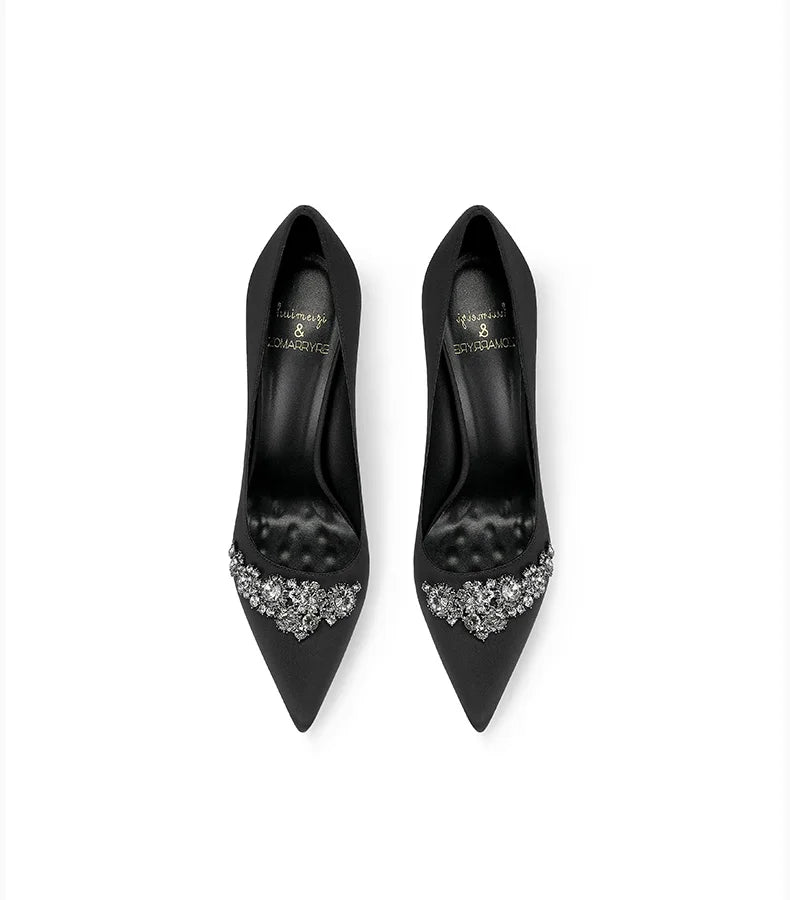 2025 Black Silk High-end Temperament Pointed Head Stiletto High Heels Women heels_stiletto