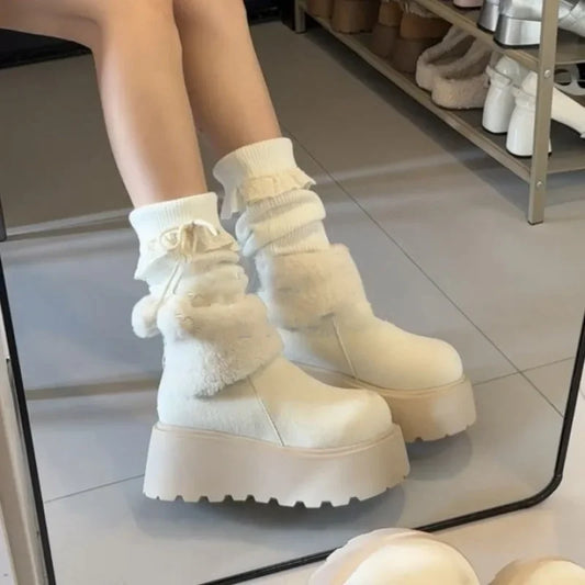 Thick Bottom Warm Anti-Slip Cotton Snow Boots Women's Winter High Heel Fleece Lined Booties Non-Slip Rubber Sole Ankle boots_platform