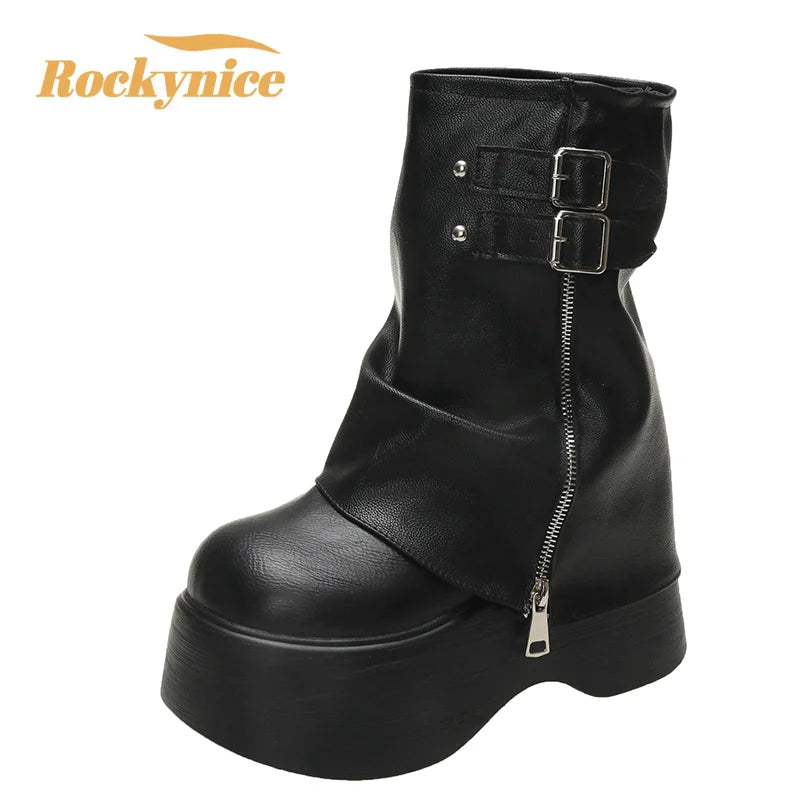 Soft Leather Ankle Mid Calf Boots Winter Autumn High Platform Wedge British Booties Woman New Ladies Chunky Motorcycle Boots 9CM boots_platform
