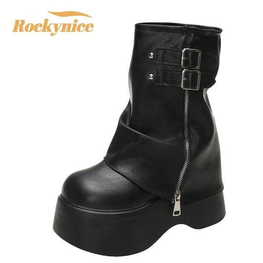Soft Leather Ankle Mid Calf Boots Winter Autumn High Platform Wedge British Booties Woman New Ladies Chunky Motorcycle Boots 9CM boots_platform