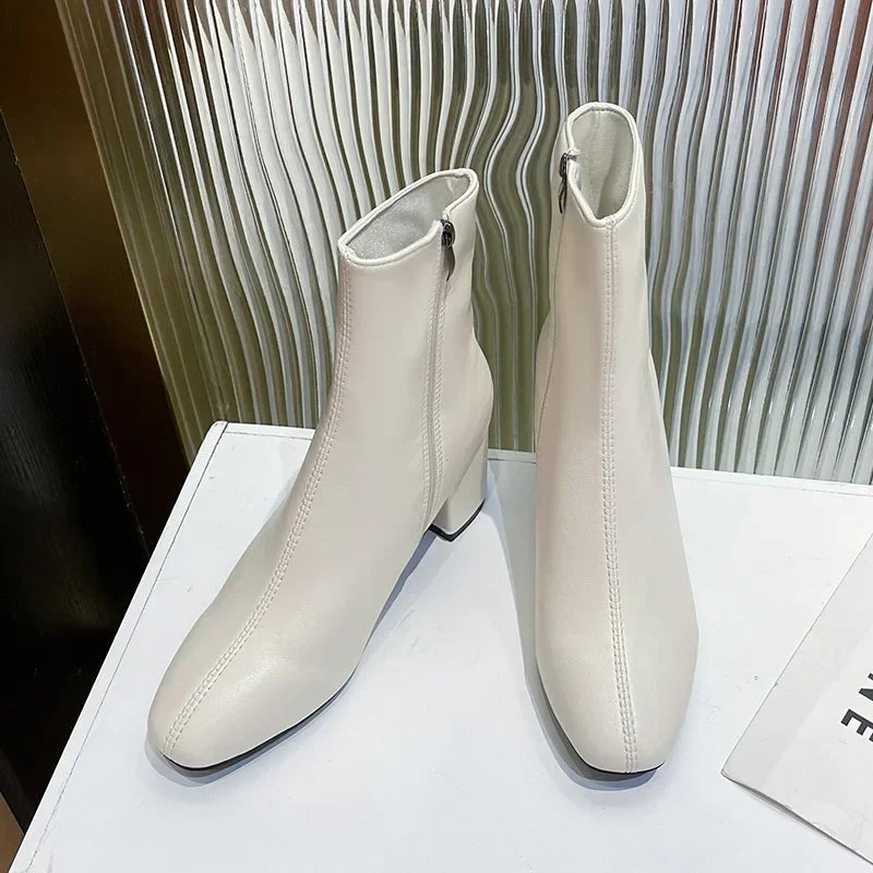 Leather Medium Heeled Short Boots for Women PU Soft Ankle Boots Side Zipper Comfortable Office Women Shoes Square Ladies Boats boots_highheel