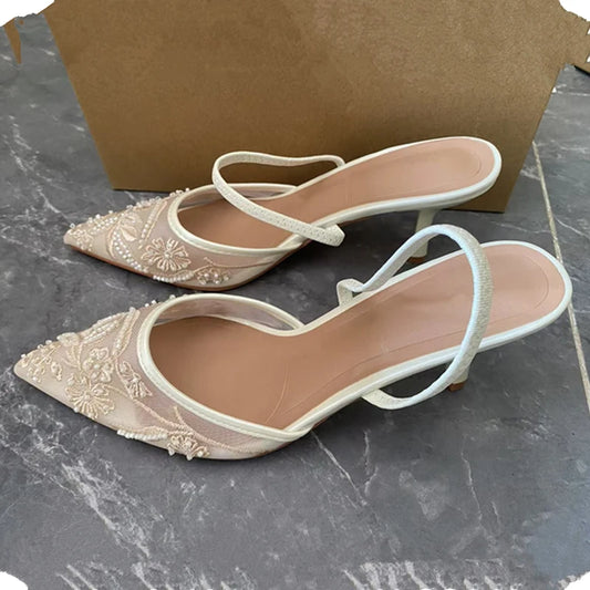 Women's Mesh Floral Embroidered Slingback High Heels Female Open Heel Pearl Studded Pointed Toe Sandals Sexy Stiletto Lady Mules heels_stiletto