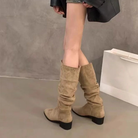 Retro pleated suede Long boots for women. 2025 winter fashion chunky stiletto sexy boots. Large size versatile women's boots. boots_highheel