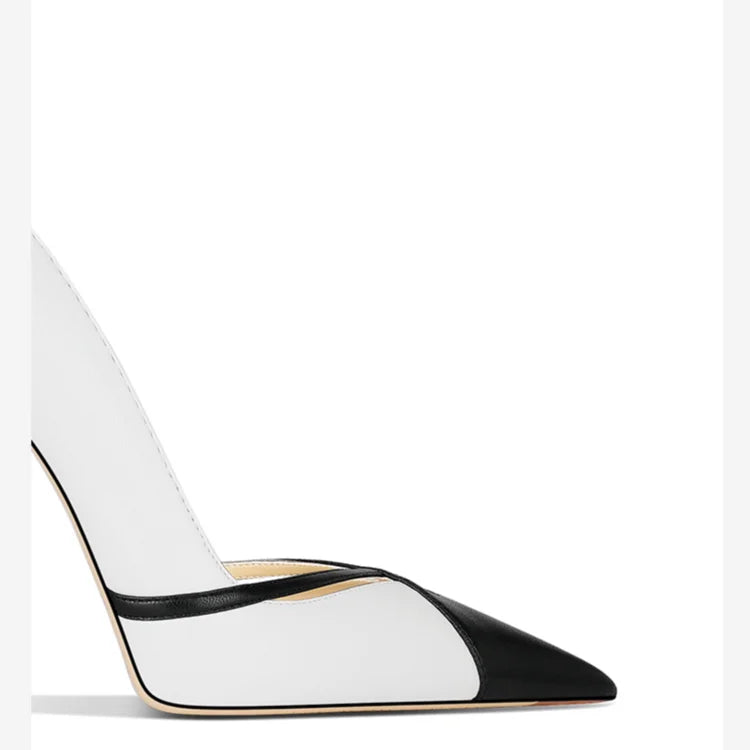 White Matte Leather High Heels Patchwork Pointed Toe Shallow Stilettos Pumps Slip-on Banquet Shoes heels_stiletto