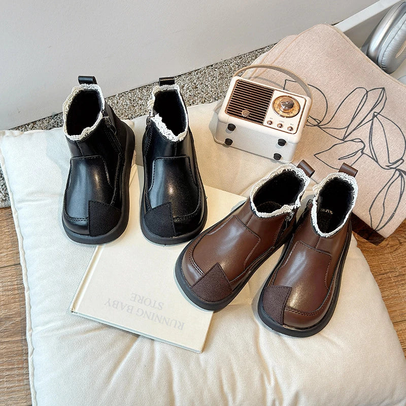 Lolita Style Baby Girls Short Boots Patch Patent Leather Girls Wedge Shoes Lace Flower Bordered Winter School Shoes Child H09241 kids_shoes