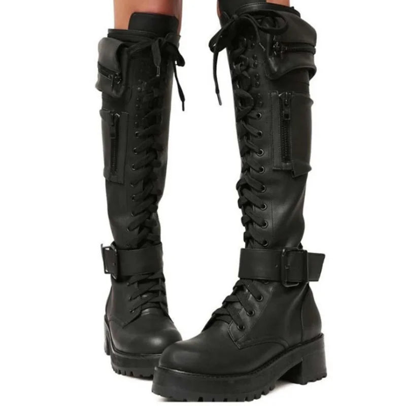 Knee High Boots Women Cool Goth Zipper Design Pocket Lace Up Chunky Heel High Quality Shoes Woman Fashion Popualr Big Size 35-43 boots_platform