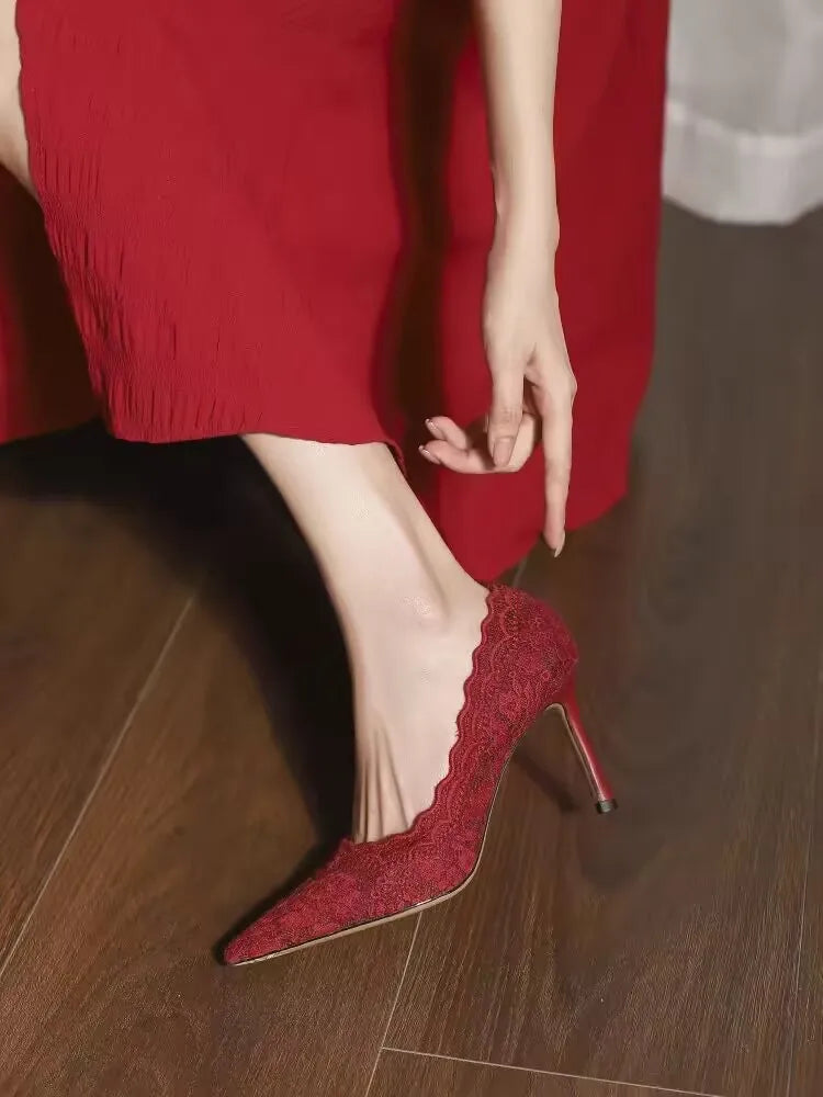 White Wedding Shoes Bridal Shoes Design Sense Niche Lace Pointed Stiletto Heel Shallow French High Heels Female Temperament heels_stiletto