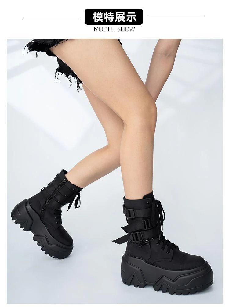 Women Ankle Booties Autumn Leather Chunky Shoes Woman High Platform Breathable Sneakers 9CM Thick Sole Wedges Motorcycles boots_platform