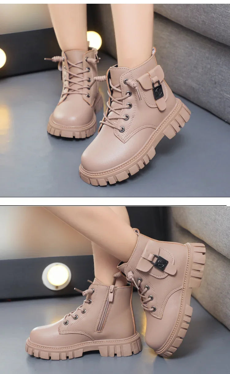 Children Leather Boots Girls Fashion Autumn Winter New Casual Comfortable Short Boots Warm Kids Versatile Anti-slip Cotton Boots