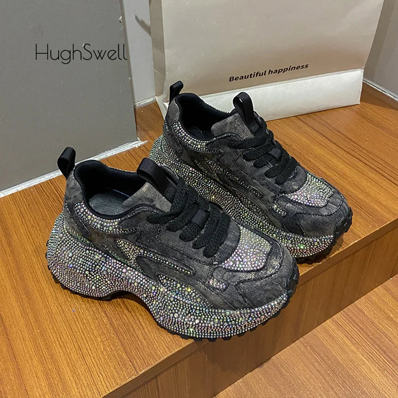 Rhinestone Cover Thick Sole Denim Canvas Sneaker Woman Bling Rivet Chunky Daddy Shoe Ladies Luxury Brand Design Crystal Zapatos sneakers_platformis sneakers_luxury