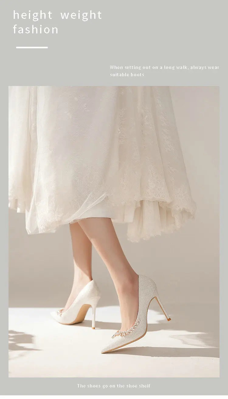 2025 New French Stiletto Heels Pointy Head Shallow Mouth Shoes Rhinodiamond-Edged Korean Version White Crystal Wedding Pumps heels_stiletto