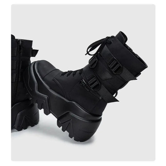 Women Ankle Booties Autumn Leather Chunky Shoes Woman High Platform Breathable Sneakers 9CM Thick Sole Wedges Motorcycles boots_platform