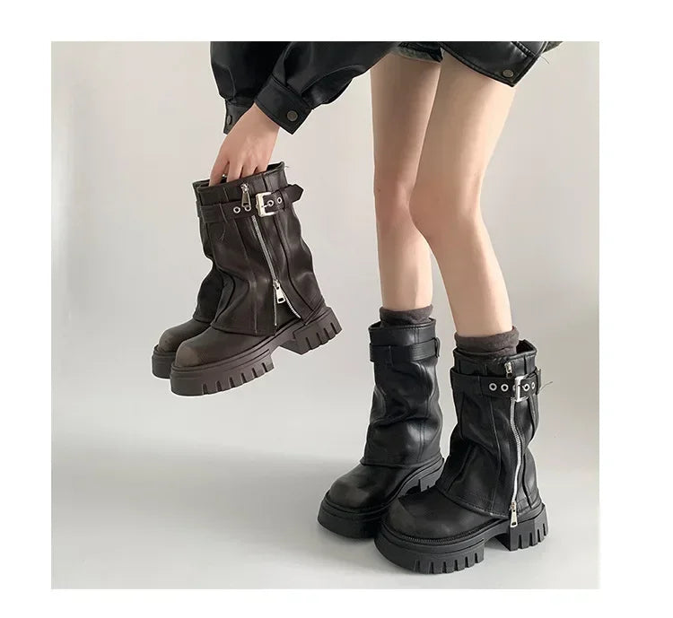 Winter Women Biker Boots Fashion Belt Buckle Ladies Elegant Platform Long Pipe Booties Casual Women's Knee High Booties2025 boots_platform
