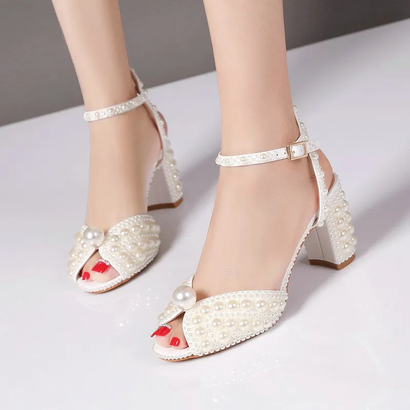2025 New High Heels Thick Heel Shallow Mouth Women's Pearl Sandals Wedding Shoes Bridesmaid Shoes heels_bridal