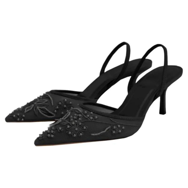 Women's Mesh Floral Embroidered Slingback High Heels Female Open Heel Pearl Studded Pointed Toe Sandals Sexy Stiletto Lady Mules heels_stiletto