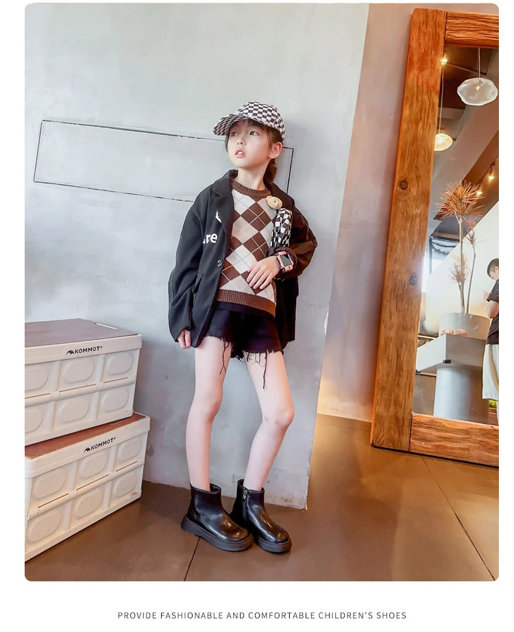 Autumn Winter Children's Boots Fashion Simple Style Girl's Ankle Boot Causal Versatile Black Kid Short Leather Boots Side Zipper kids_shoes