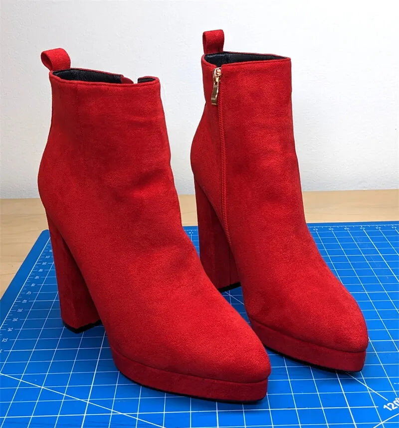 Onlymaker Women Pointed Toe Ankle Boots Black Matte Flock Chunky Heel Platform Booties Party Shoes Large Size Short Boots boots_platform