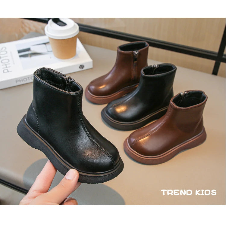 Children Fashion Boots Simple Girls Ankle Boot Black Kids Short Leather Boots Side Zipper Thick Bottom Autumn Winter 2024 New kids_shoes