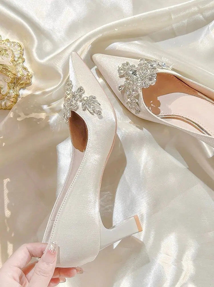 Gold  Heels Fine Heeled Shoes Sexy Pump 2024 All-Match Slip On Sandals Ladies Pointed Wedge Lace-Up Stiletto Crossdressers Cryst heels_stiletto