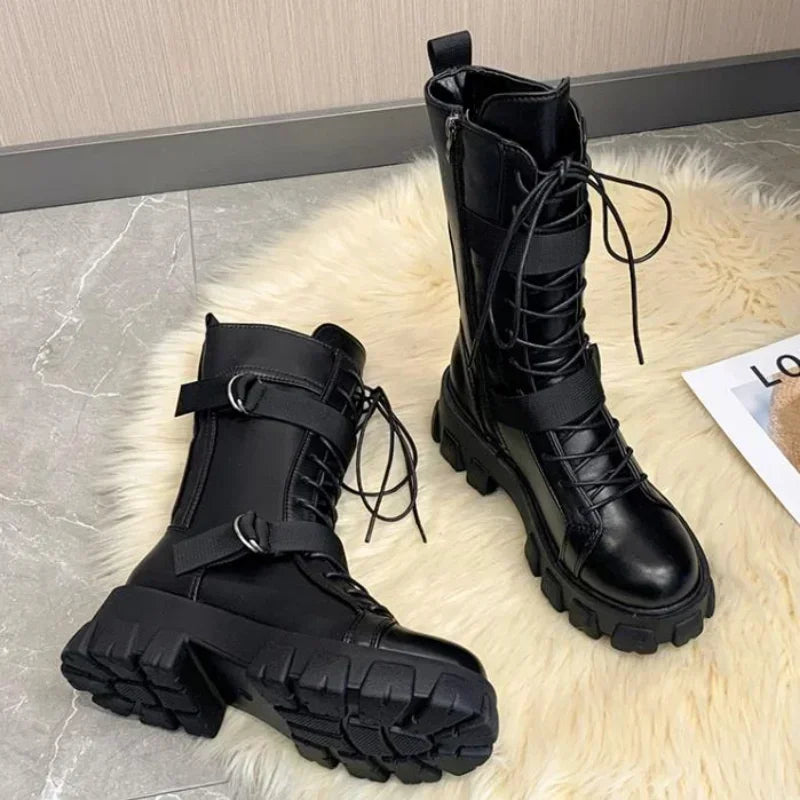 Women Mid-Calf Boots Pring Motorcycle Boots Women's Cosplay High Boots Punk Gothic Black High Heel Shoes Women Long Knight boots_platform