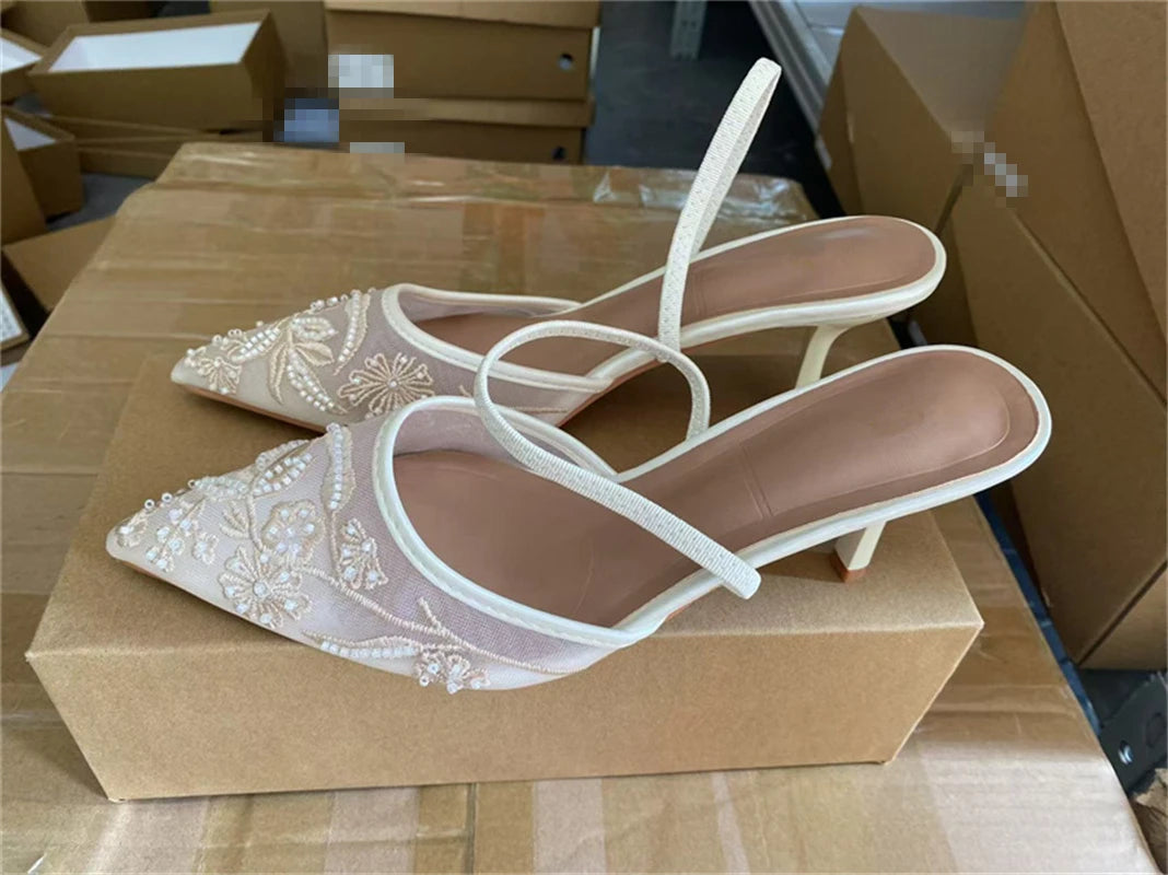 Women's Mesh Floral Embroidered Slingback High Heels Female Open Heel Pearl Studded Pointed Toe Sandals Sexy Stiletto Lady Mules heels_stiletto