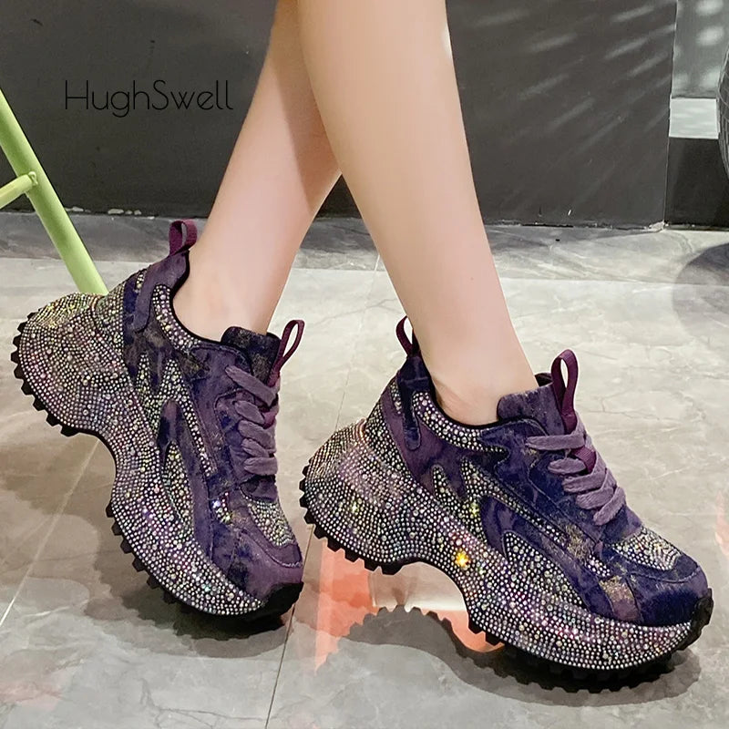 Rhinestone Cover Thick Sole Denim Canvas Sneaker Woman Bling Rivet Chunky Daddy Shoe Ladies Luxury Brand Design Crystal Zapatos sneakers_platformis sneakers_luxury