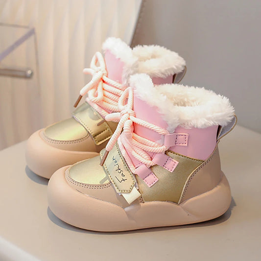 Winter Plush Snow Boots For Children PU Leather Waterproof Cotton Shoes Trend Fashion Teenager Kid's Velvet Boots Winter Shoes