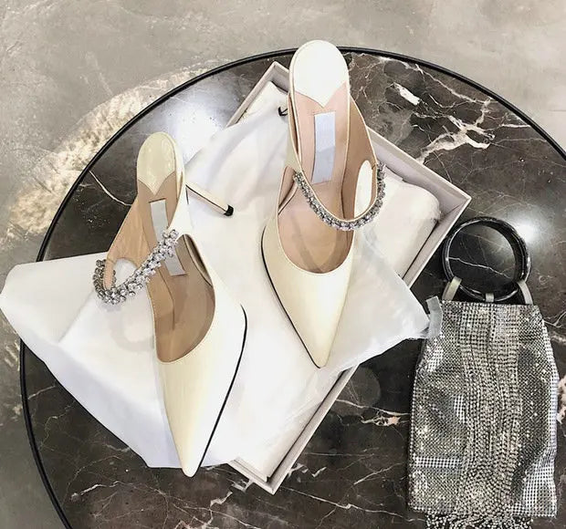 2025 Summer New High-heeled Stiletto Pointed Rhinestone Slippers Women's Outer Wear One-word with Baotou Half Drag Muller Shoes heels_bridal