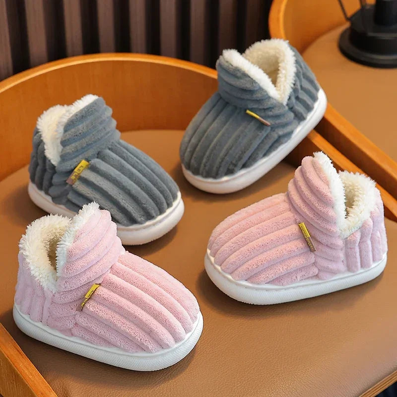 New Winter Concise Stripe Plush Slippers Children's Non-slip Soft Sole Kids Boys Girls Heel Wrap Warm High Home Cotton Shoes kids_shoes