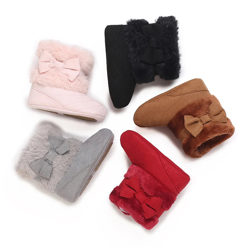 Baby Girls Winter Snow Boots Cute Bowknot Fuzzy Crib Shoes Footwear Infant Warm Infant First Walker Shoes with Non-Skid Soles kids_shoes