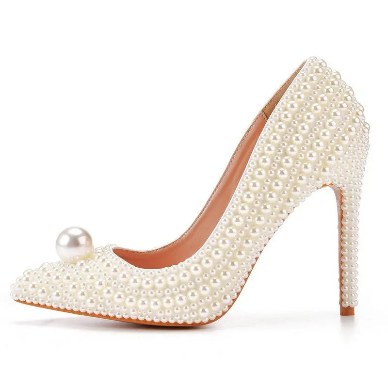 11cm Pearl Wedding Shoes Thin Heel Pointed Single Shoe Large Size Women's Shoes Bride Shoes Dinner Women's Pumps heels_bridal