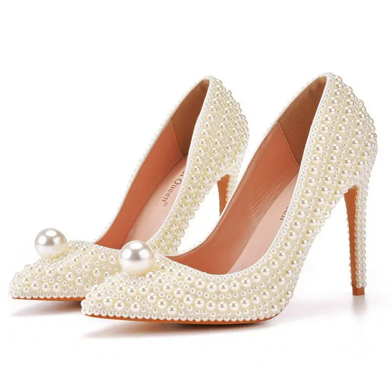 11cm Pearl Wedding Shoes Thin Heel Pointed Single Shoe Large Size Women's Shoes Bride Shoes Dinner Women's Pumps heels_bridal