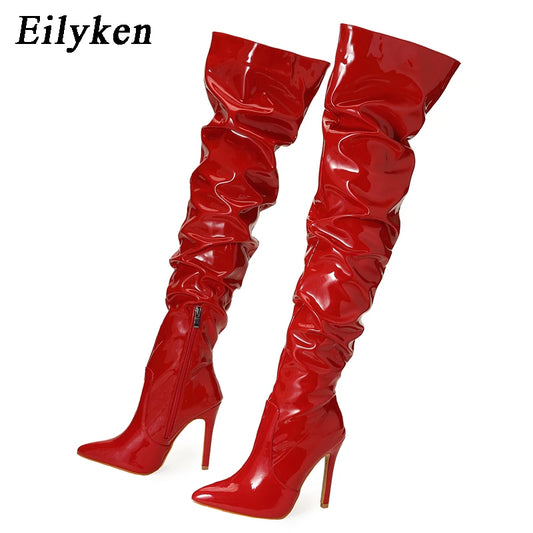 Eilyken Red Women Over The Knee Boots High Heels Patent Leather Solid Pointed Toe Stiletto Side Zipper Sapatos Femininos boots_highheel