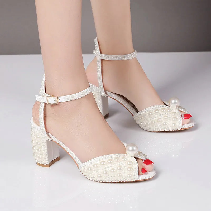 2025 New High Heels Thick Heel Shallow Mouth Women's Pearl Sandals Wedding Shoes Bridesmaid Shoes heels_bridal